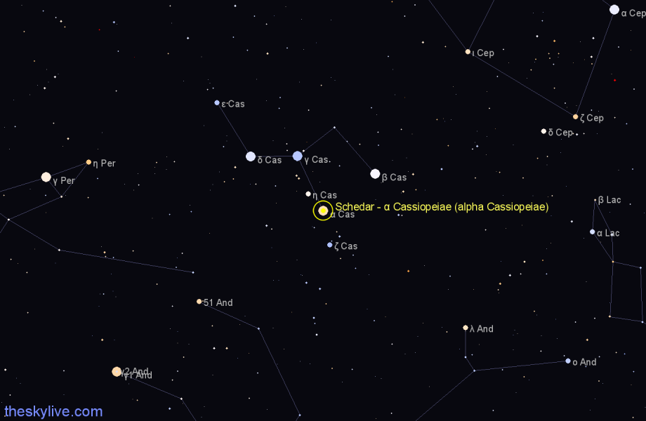 Finder chart Schedar - α Cassiopeiae (alpha Cassiopeiae) star