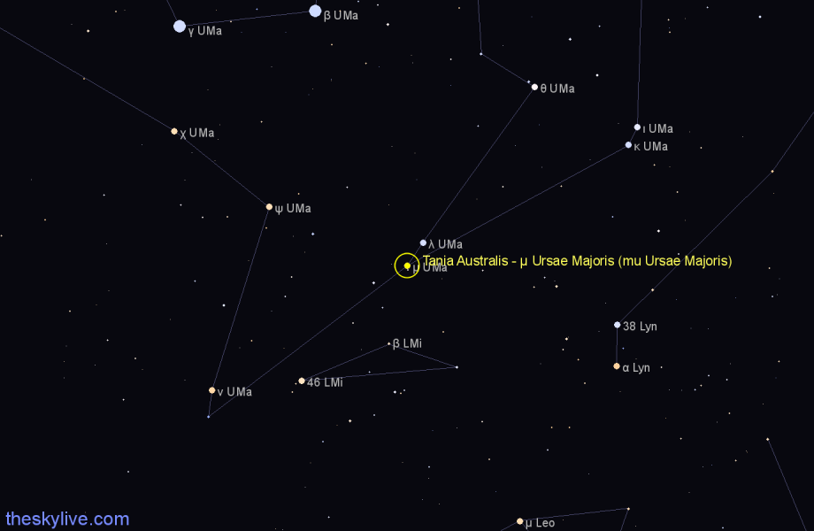 Finder chart Tania Australis - μ Ursae Majoris (mu Ursae Majoris) star