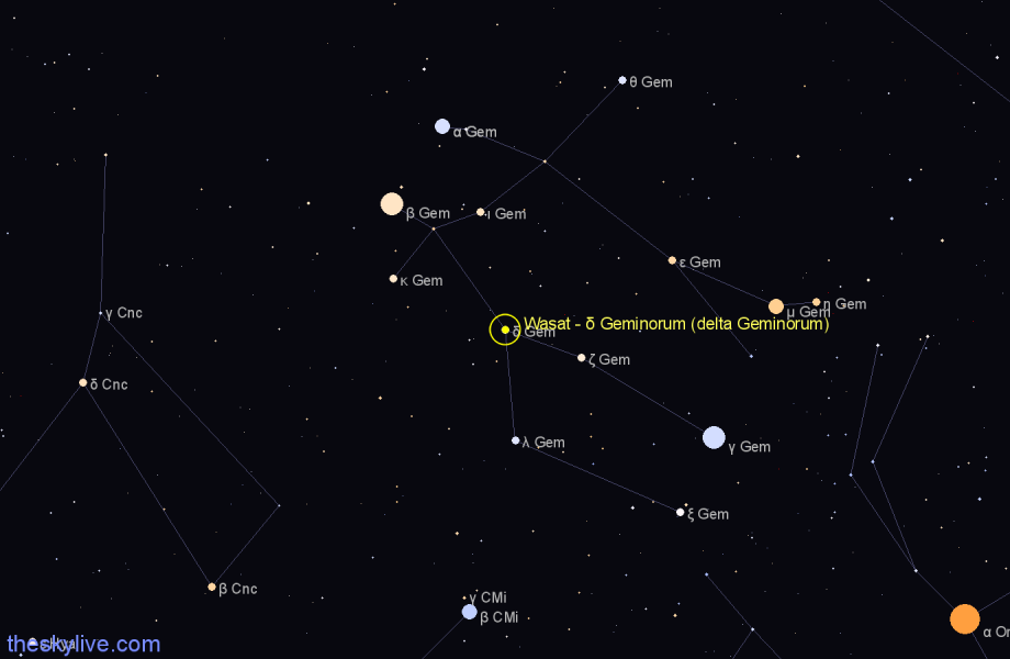 Finder chart Wasat - δ Geminorum (delta Geminorum) star