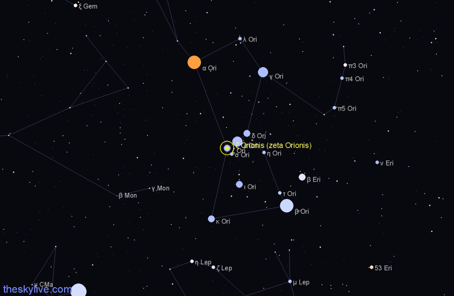 Finder chart ζ Orionis (zeta Orionis) star