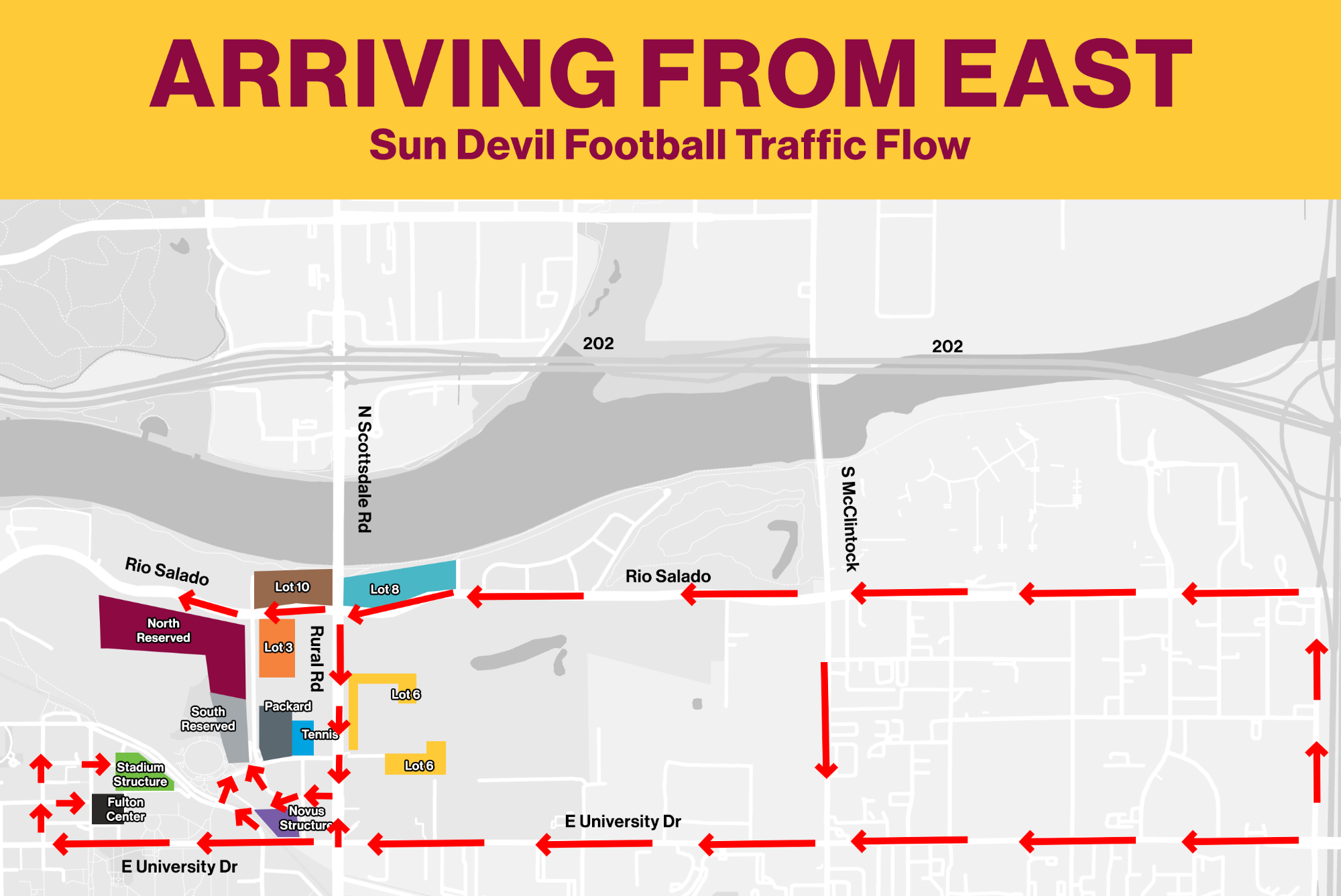 Photo of directions coming from east for Sun Devil Football Game Day parking