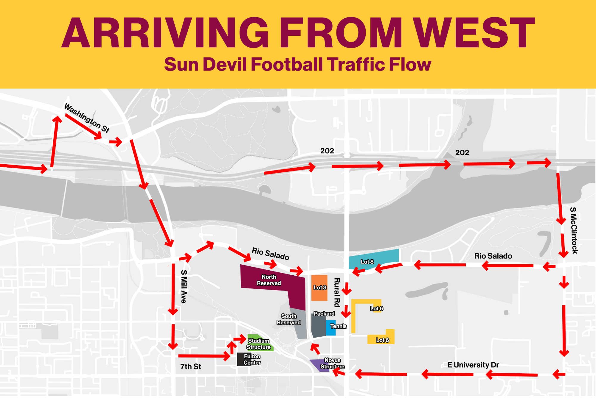 Directions to ASU football parking coming from westbound