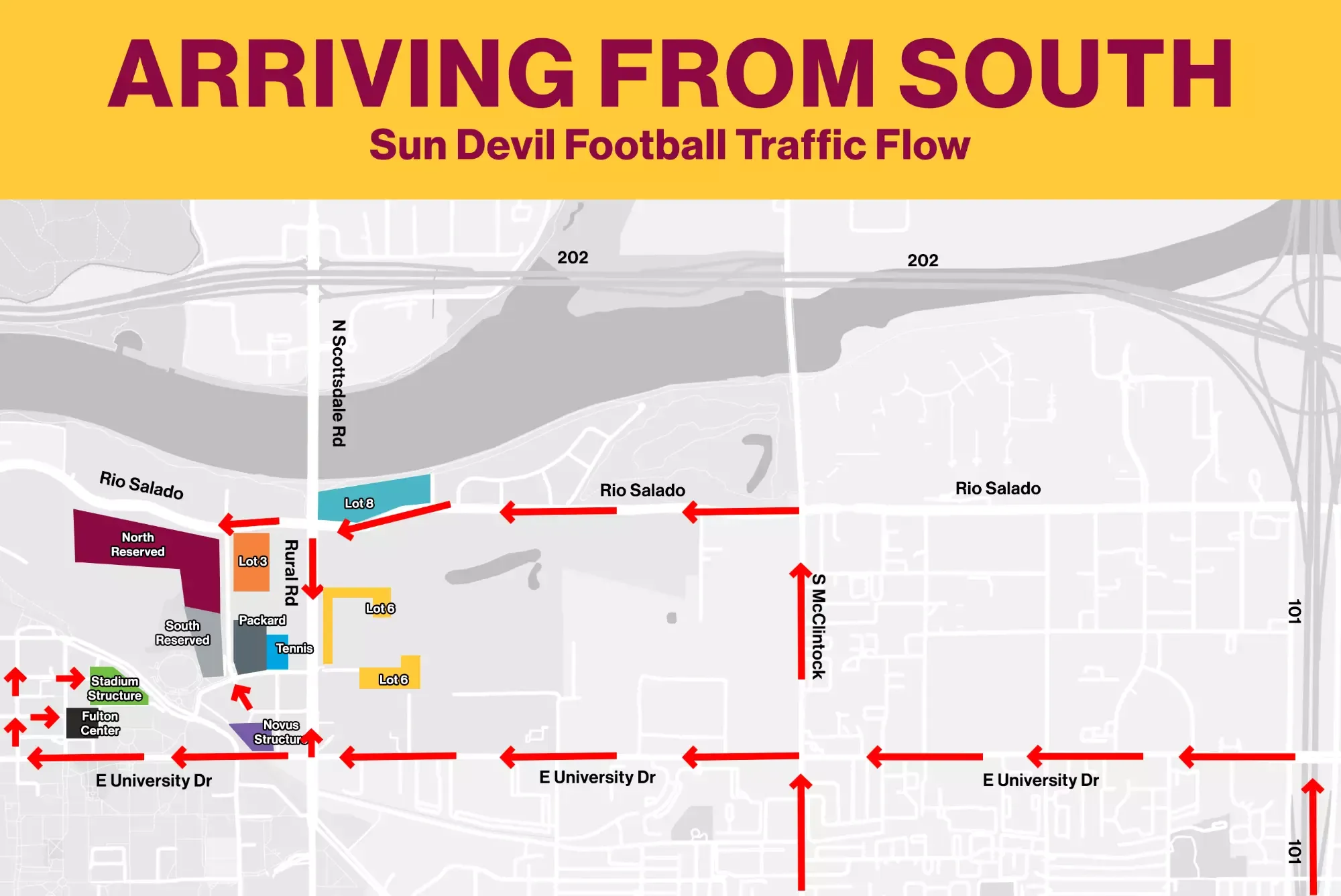Photo of map showing directions coming from southbound to attend a Sun Devil Football game