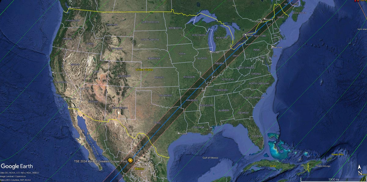 路径2024太阳EclipseEclipse KML路径显示本图像由 XavierM提供朱比耶