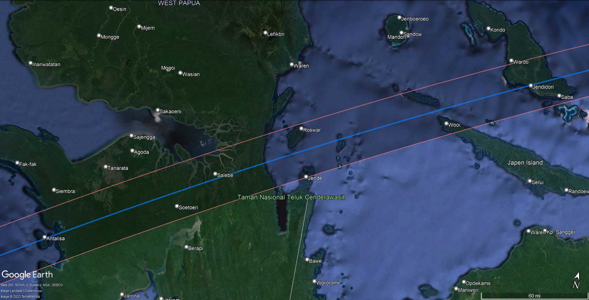 Totality strip of the Solar Eclipse of April 20 2023 across West Papua. The totality area is included between the two red lines and it is approximately 45 kilometers wide.. The blue line represents the line where the central eclipse will be visible (longest totality duration).