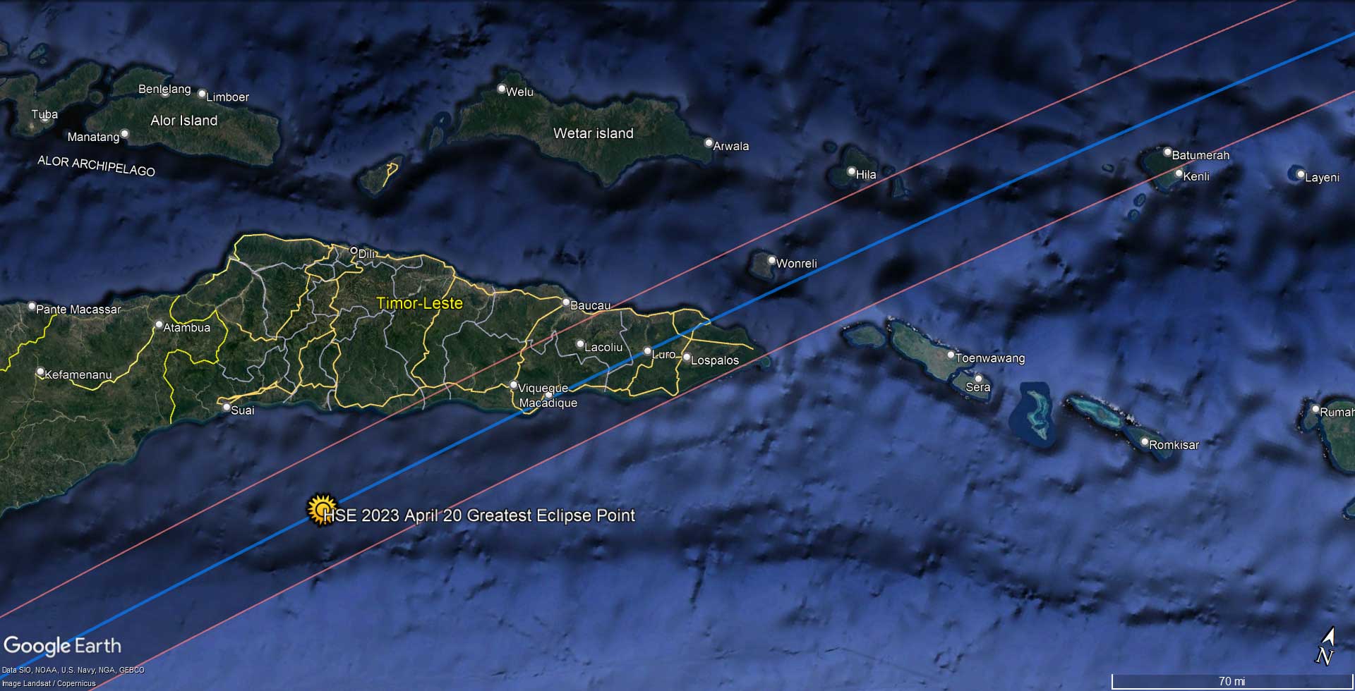Totality strip of the Solar Eclipse of April 20 2023 across Timor-Leste. The totality area is included between the two red lines and it is approximately 49 kilometers wide. The blue line represents the line where the central eclipse will be visible (longest totality duration).