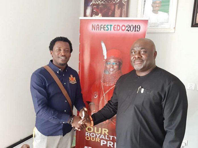 c18b3421 executive producer emotan joseph edgar with hon osaze ero edo state commissioner for arts and culture EMOTAN FIXED FOR 2019 NAFEST