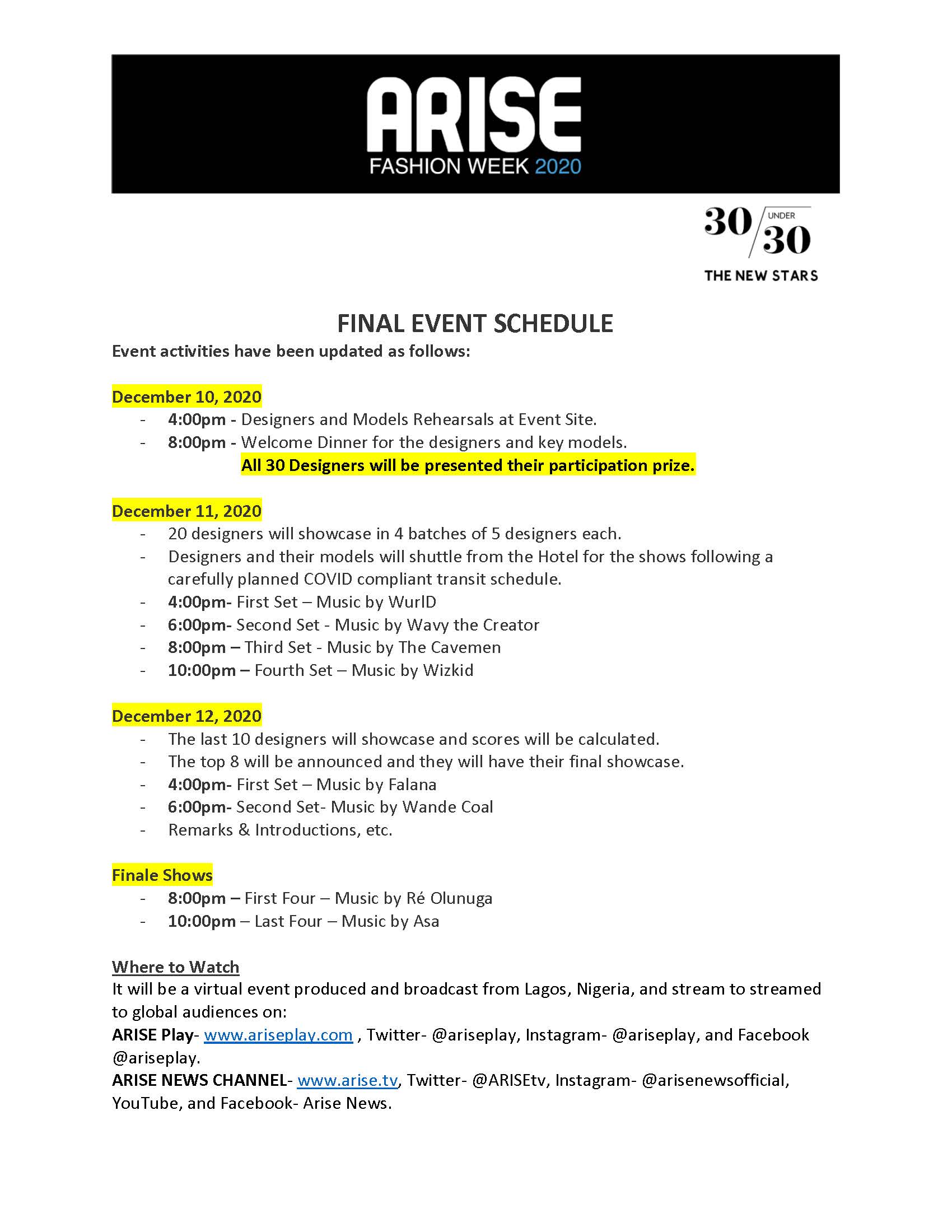 ARISE Fashion Week 2020:Final Event Schedule - Vimarsana News