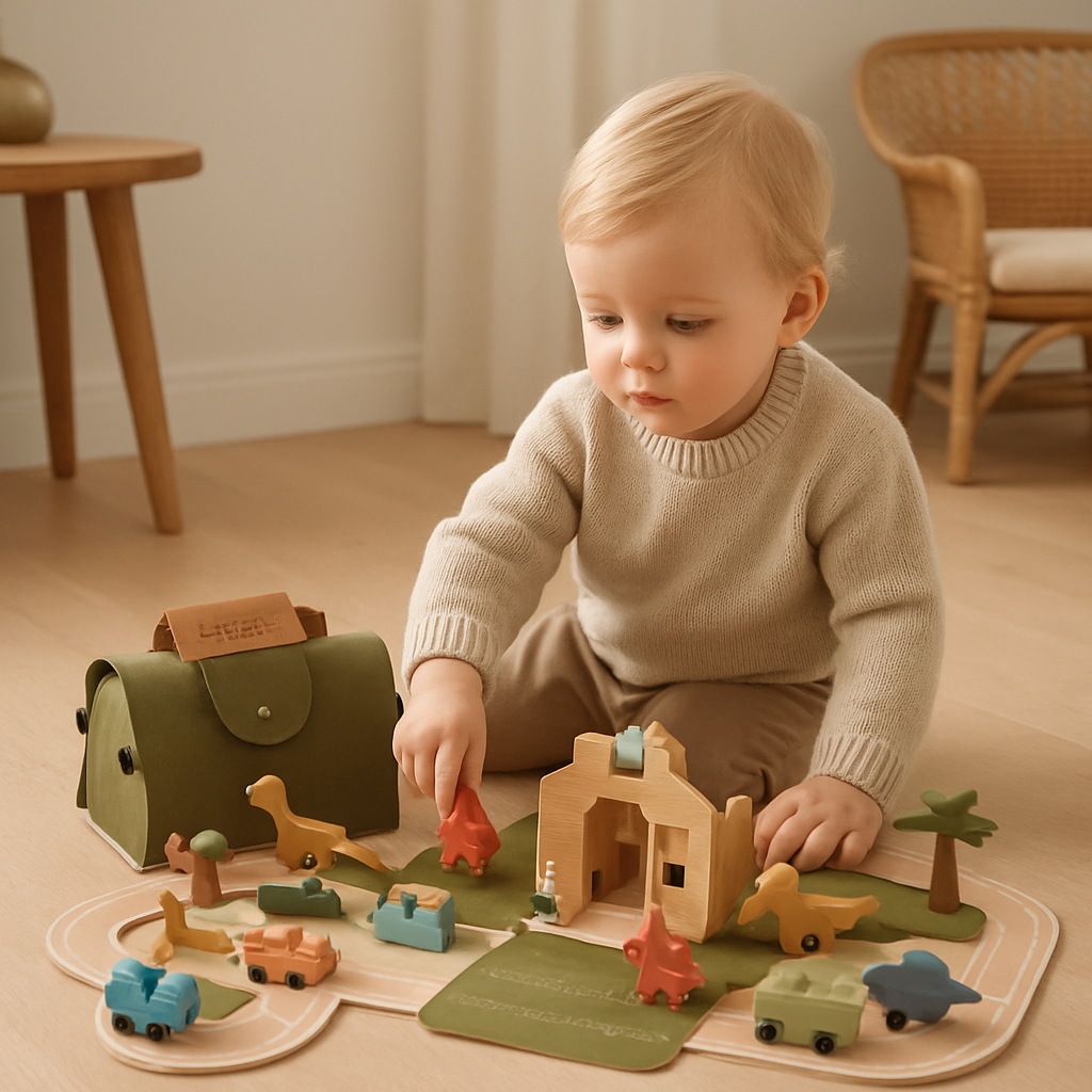 Kind speelt met houten dino speelset