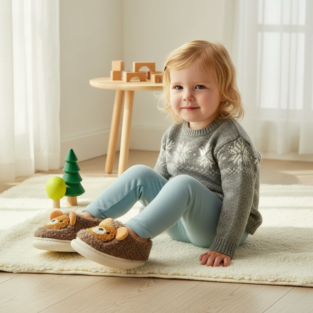 Kind met CozyBear sloffen op speels tapijt