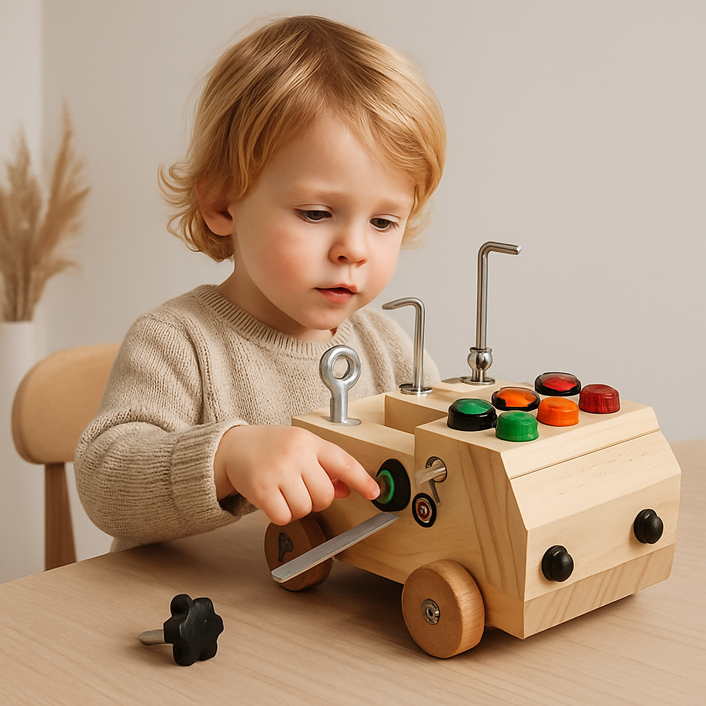 Kind speelt met houten Montessori bus
