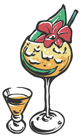Illustration of two cocktail glasses; a large glass with a tropical drink, adorned with a red flower and a green leaf, next to a smaller stemmed glass with a yellow beverage.