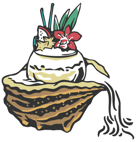 Illustration of a group cocktail in a large shell with a circular cocktail garnished with flowers and leaves and two blue straws 