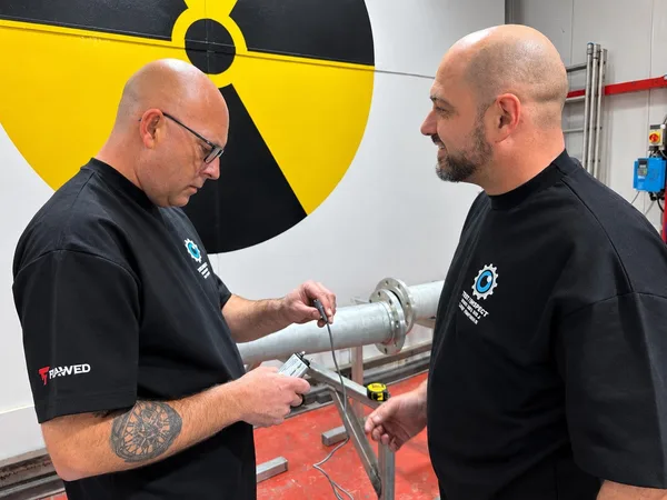 Two Test Inspect colleagues with an inspection instrument in front of a radiation warning sign