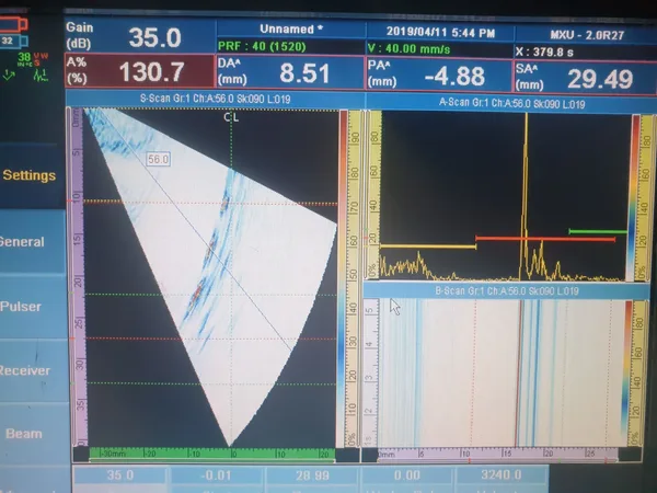Phased array ultrasonic testing showing S scan A and C scan setup