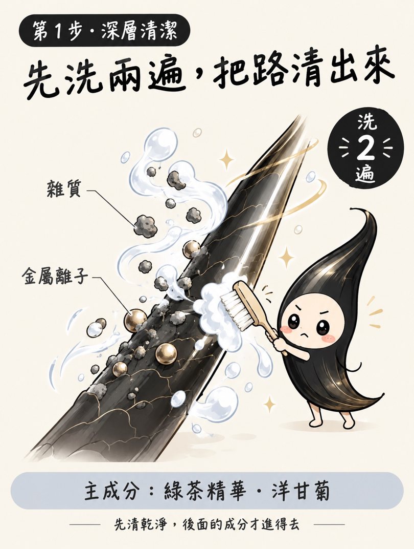 角蛋白護髮漫畫：第 1 步深層清潔，先洗兩遍把雜質和金屬離子清乾淨