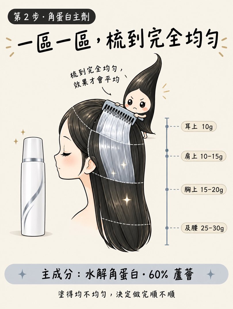 角蛋白護髮漫畫：第 2 步角蛋白主劑，一區一區梳到完全均勻，用量依頭髮長度