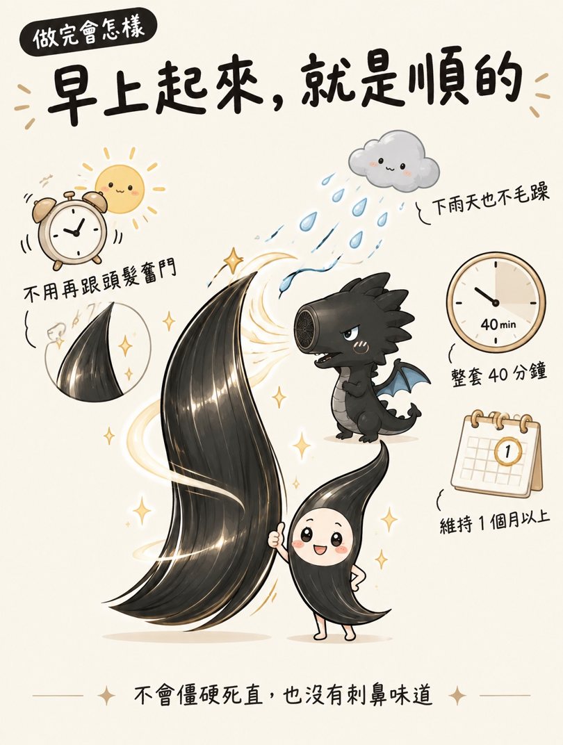 角蛋白護髮漫畫：做完早上起來就是順的，下雨天也不毛躁，不會僵硬死直、沒有刺鼻味道