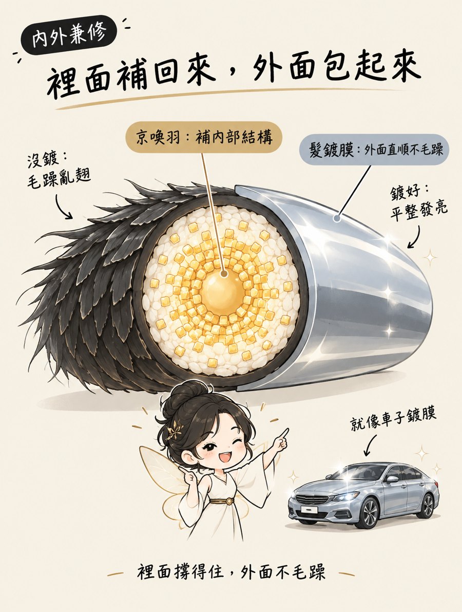 內外兼修圖：頭髮剖面裡面的金色方塊是京喚羽補內部結構，外層的銀色薄膜是髮鍍膜讓外面直順不毛躁，就像車子鍍膜