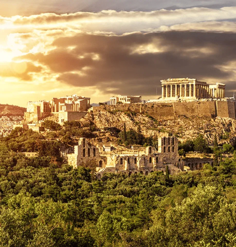 Panoramic view of the Acropolis of Athens with the Parthenon on the hill and the historic center of the city.