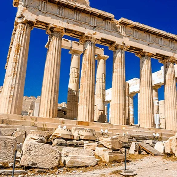 Frontal view of the Parthenon at the Acropolis of Athens,
