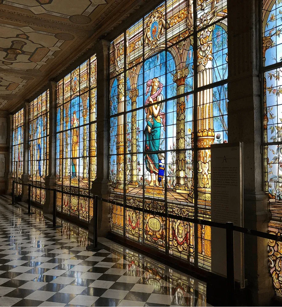Gallery of historic stained glass windows inside Chapultepec Castle