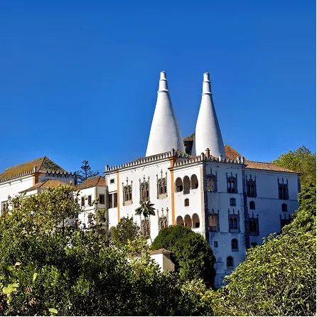 National Palace of Sintra surrounded by trees with its famous white conical chimneys rising above the town.