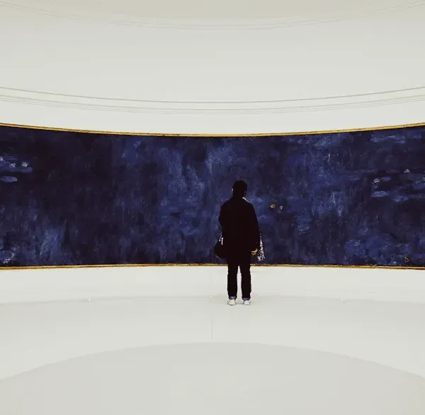 Musée de l’Orangerie'de Monet’nin Nilüferleri önünde duran bir ziyaretçi