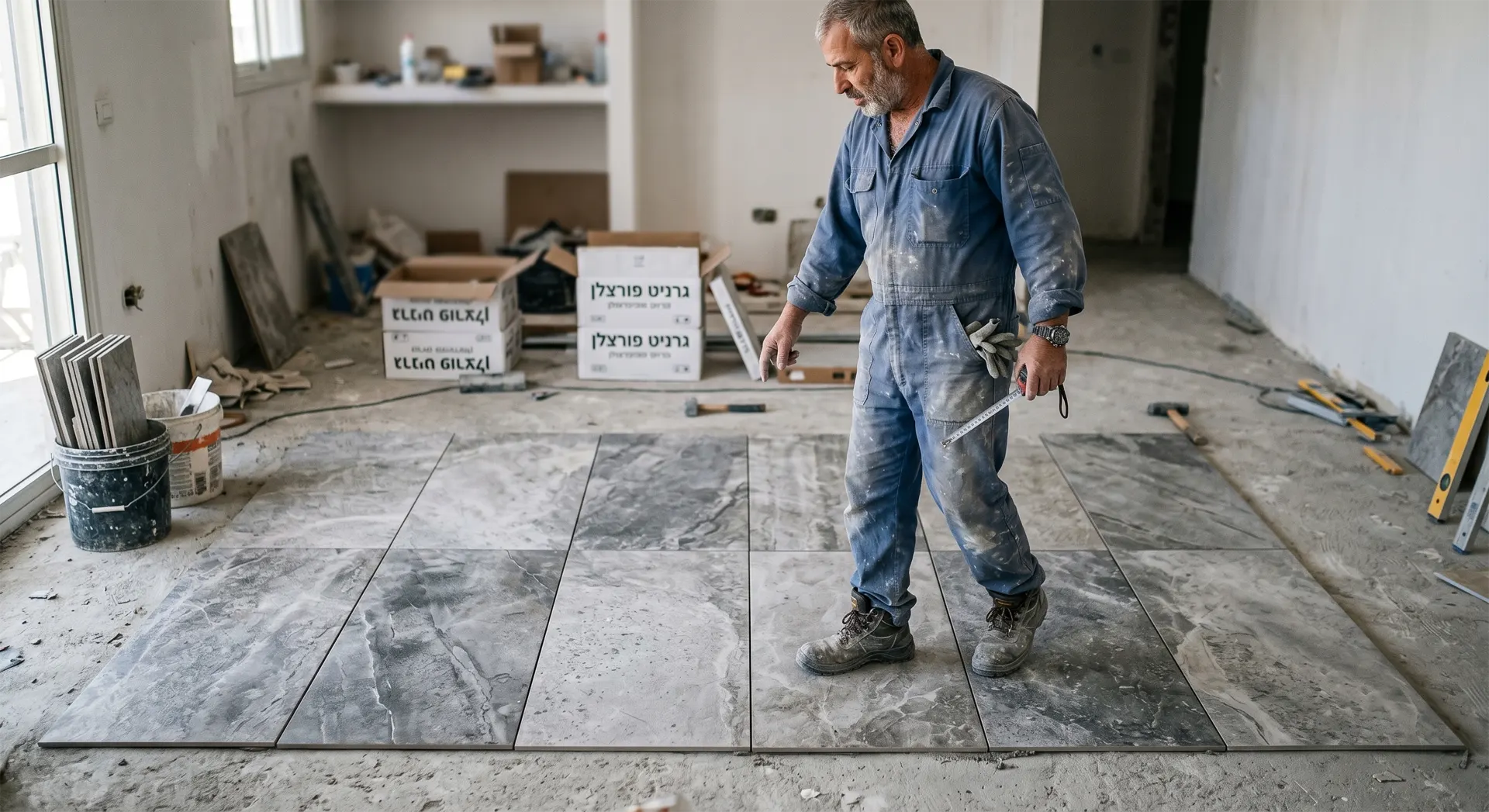 פריסה יבשה (Dry Layout) של אריחי פורצלן בטרם ההדבקה. ערבוב מספר קרטונים מאפשר פיזור אקראי וטבעי של פני האריח (Faces) ומונע יצירת כתמי צבע.