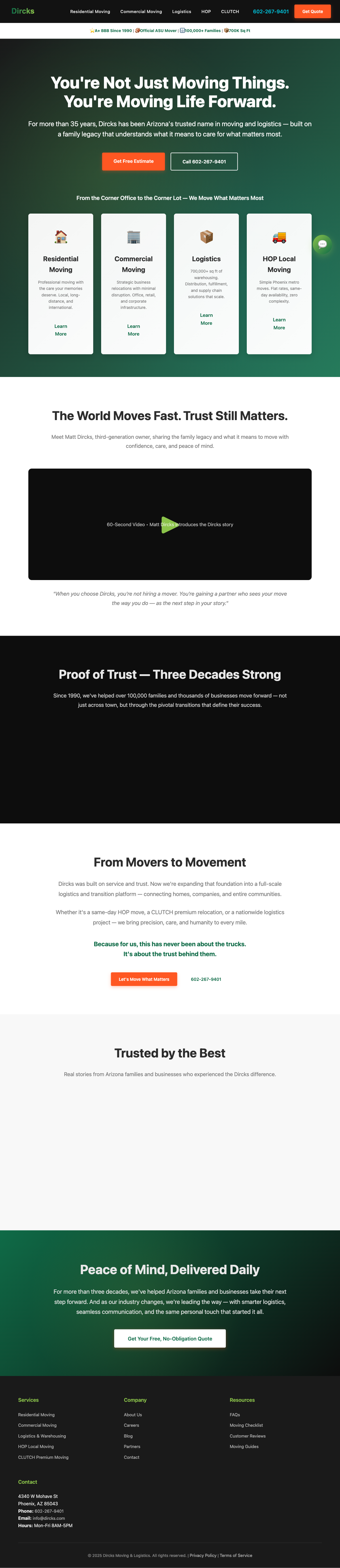 Dircks Moving & Logistics redesigned landing page