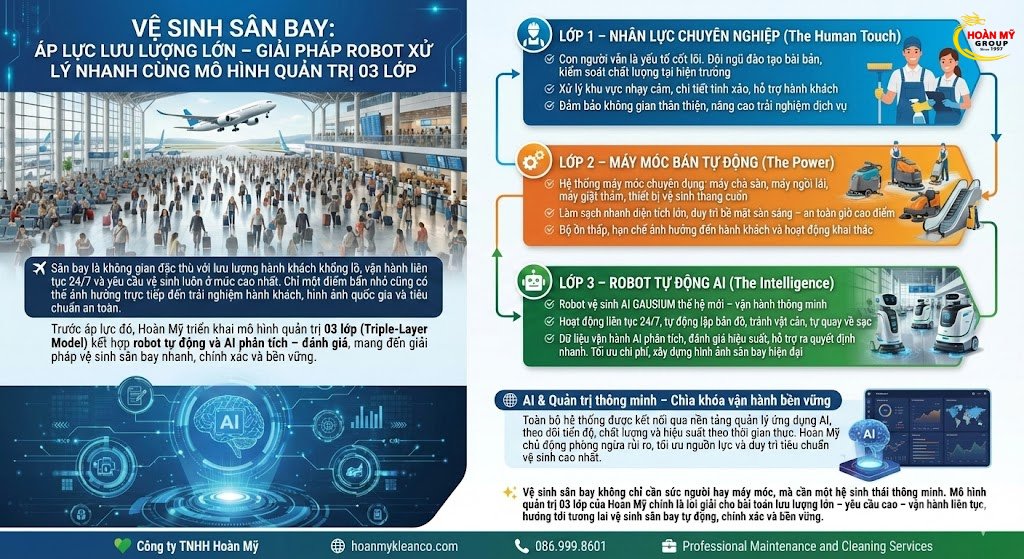 VỆ SINH SÂN BAY: ÁP LỰC LƯU LƯỢNG LỚN – GIẢI PHÁP ROBOT XỬ LÝ NHANH CÙNG MÔ HÌNH QUẢN TRỊ 03 LỚP