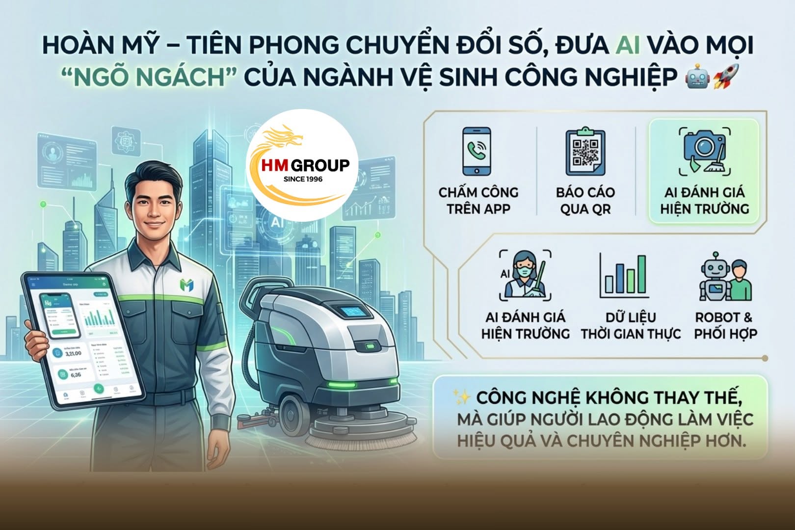 HOÀN MỸ – TIÊN PHONG CHUYỂN ĐỔI SỐ, ĐƯA AI VÀO MỌI “NGÕ NGÁCH” CỦA NGÀNH VỆ SINH CÔNG NGHIỆP 🤖🚀