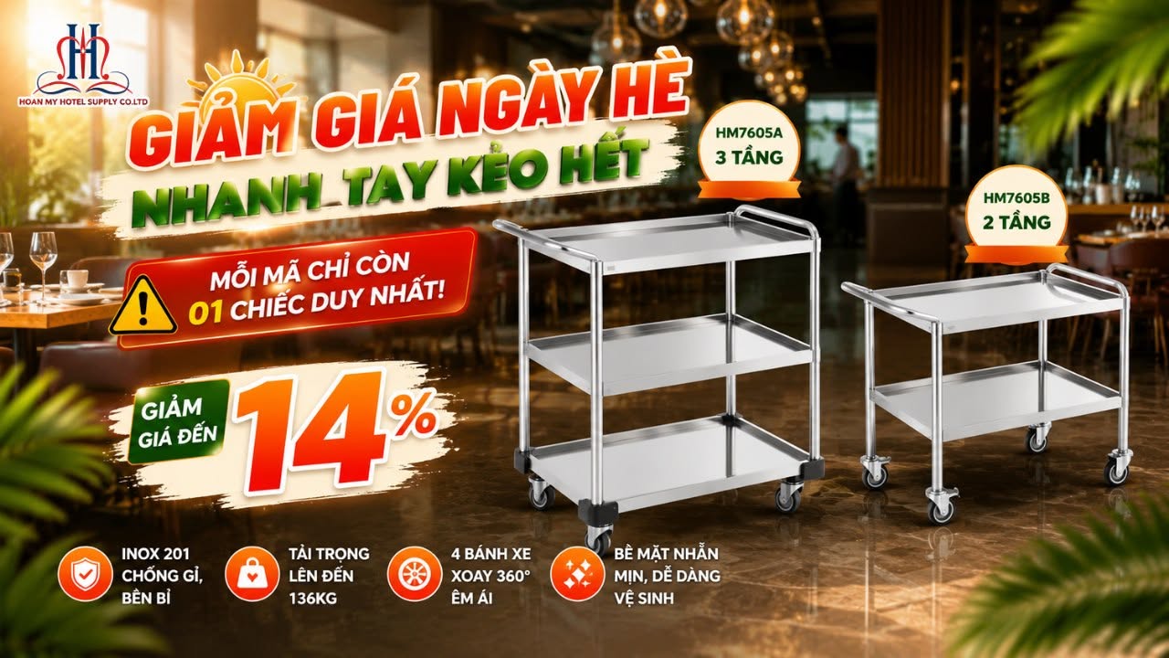 🚨 CHỈ CÒN 1 CHIẾC DUY NHẤT – GIẢM GIÁ ĐẾN 14% CHO XE ĐẨY PHỤC VỤ NHÀ HÀNG!