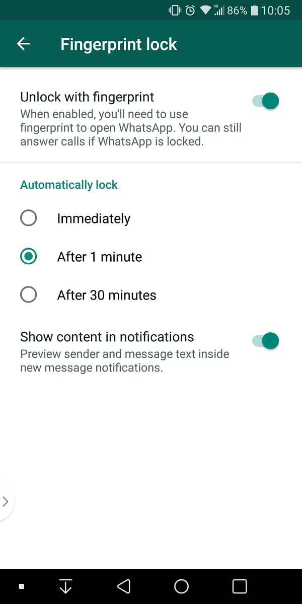 WhatsApp Android 指纹锁定功能