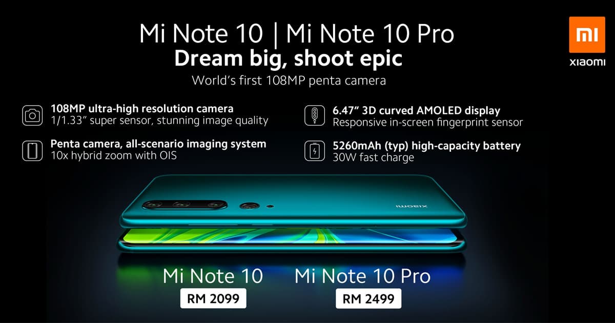 Read more about the article Xiaomi Note 10 定 12 月 7 日发售，RM2099 起！