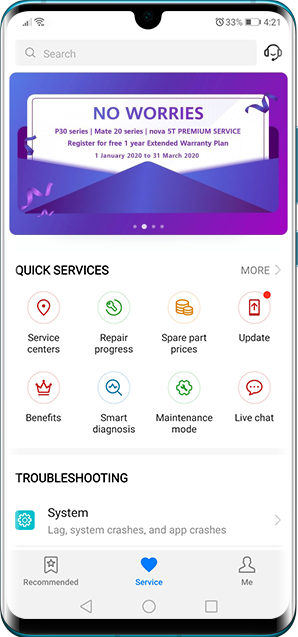 1. Open the pre-installed HiCare App, click on the Extended Warranty Plan banner