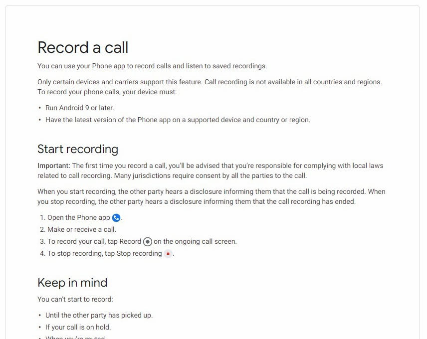 Google 对于 Google Phone 应用程序启用通话录音的说明