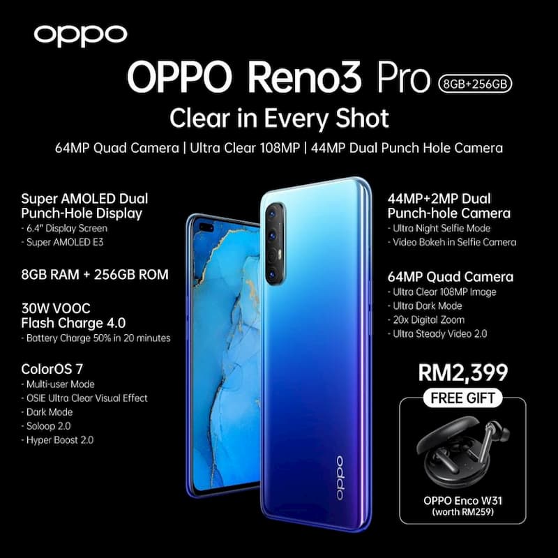 OPPO Reno 3 系列马来西亚正式发布，售价 RM1699 起，赠送价值 RM239 Enco W31 无线耳机 26