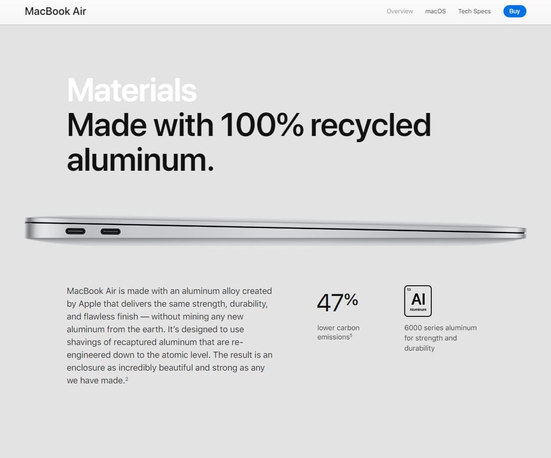 MacBook Air 机身由 100% 再循环铝合金打造