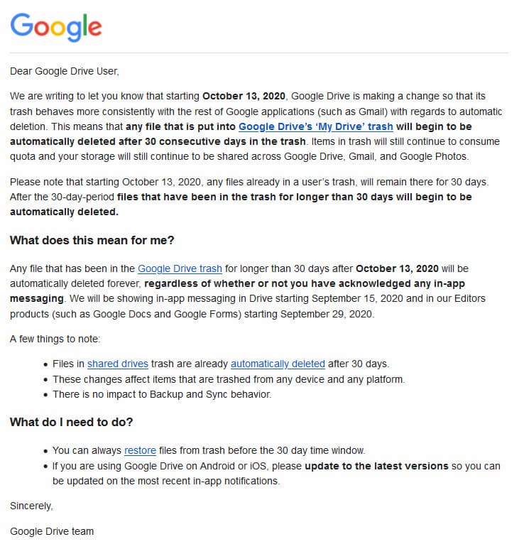 文件在 Google 云端硬盘的回收站中连续存放了 30 天后,将自动被永久删除