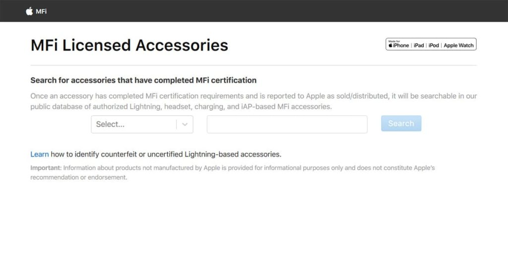 Apple MFi Licensed Accessories Website