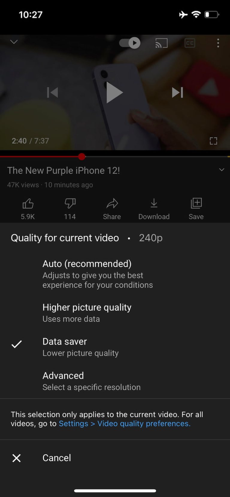图一:YouTube 画质选项菜单
