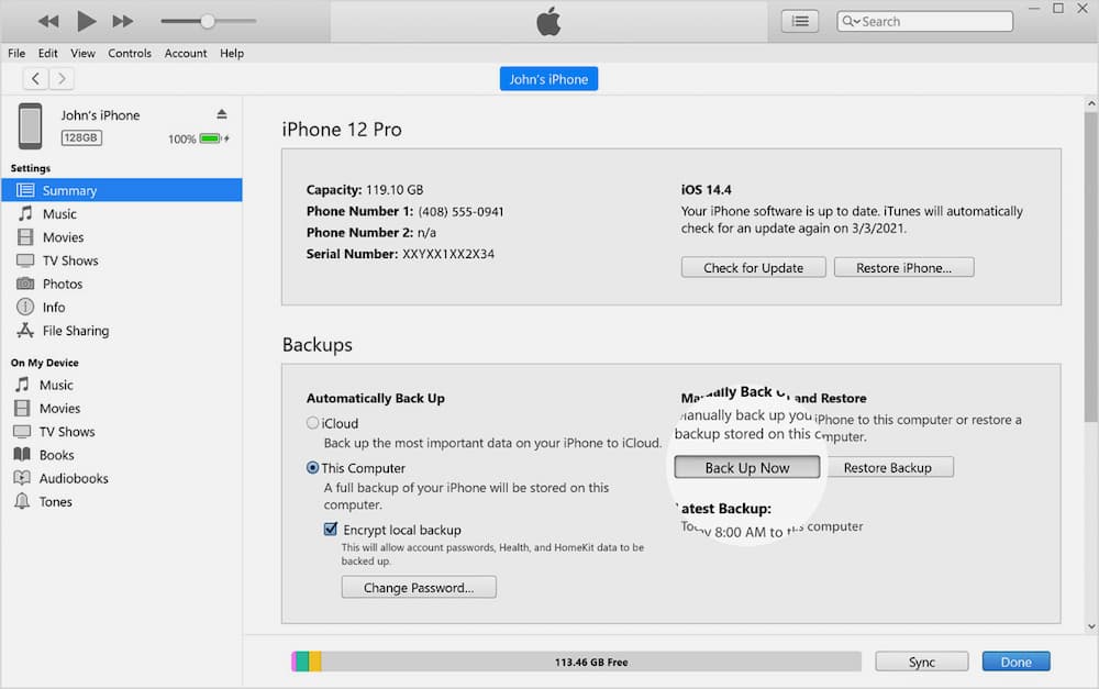 An iTunes window displaying the Summary tab with the time and date of the latest backup magnified under the Back Up Now button.