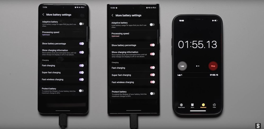 Samsung Galaxy S22 Ultra 45W 与 25W 充电时间对比