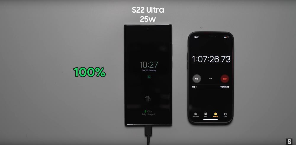 Samsung Galaxy S22 Ultra 45W 与 25W 充电时间对比