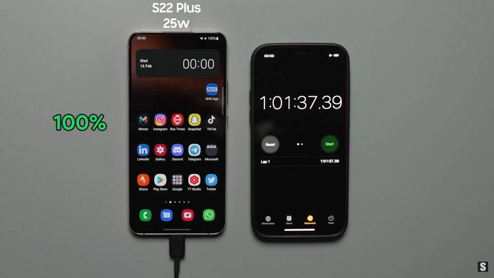 Samsung Galaxy S22+ 45W 与 25W 充电时间对比