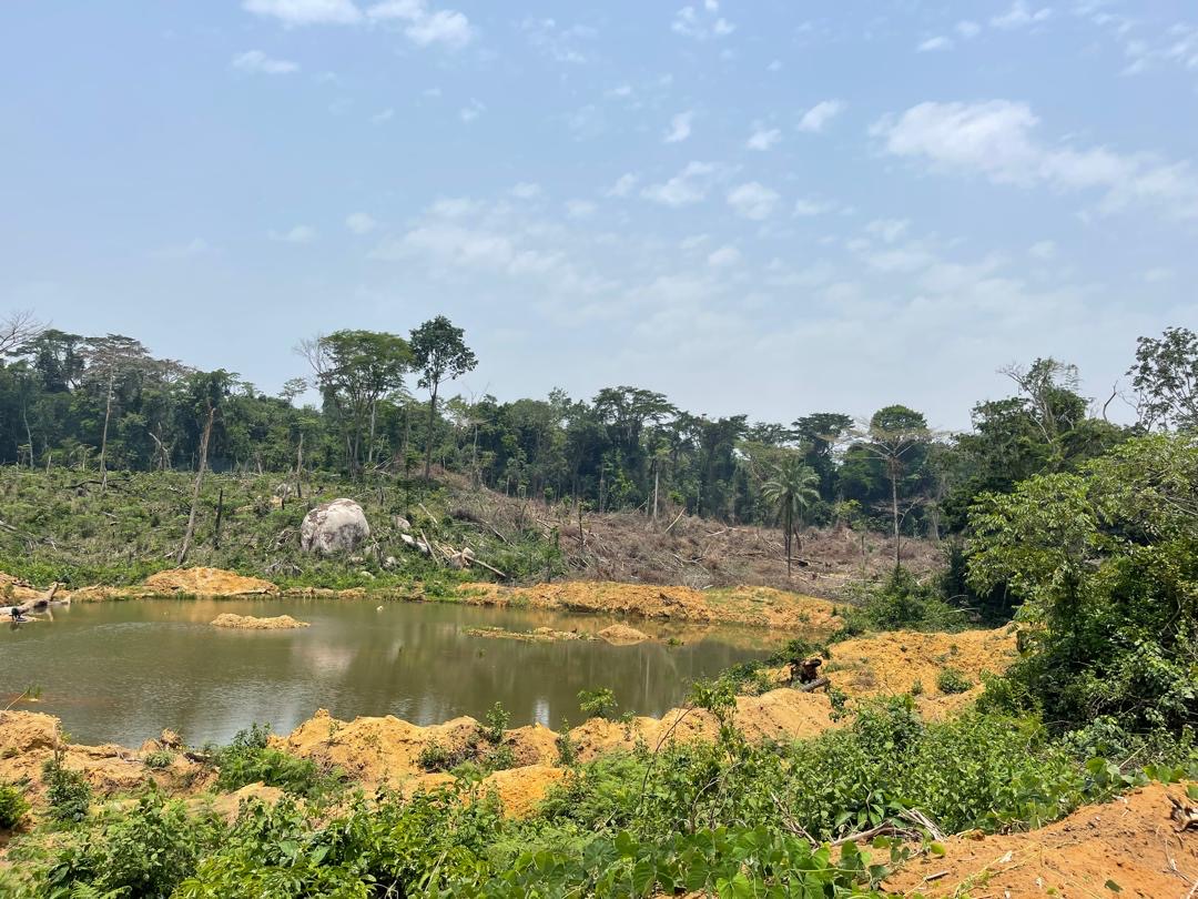 Ongoing deforestation and mining at Nimini Hill North forest reserve.
Photo credit @ Aiah Lebbie