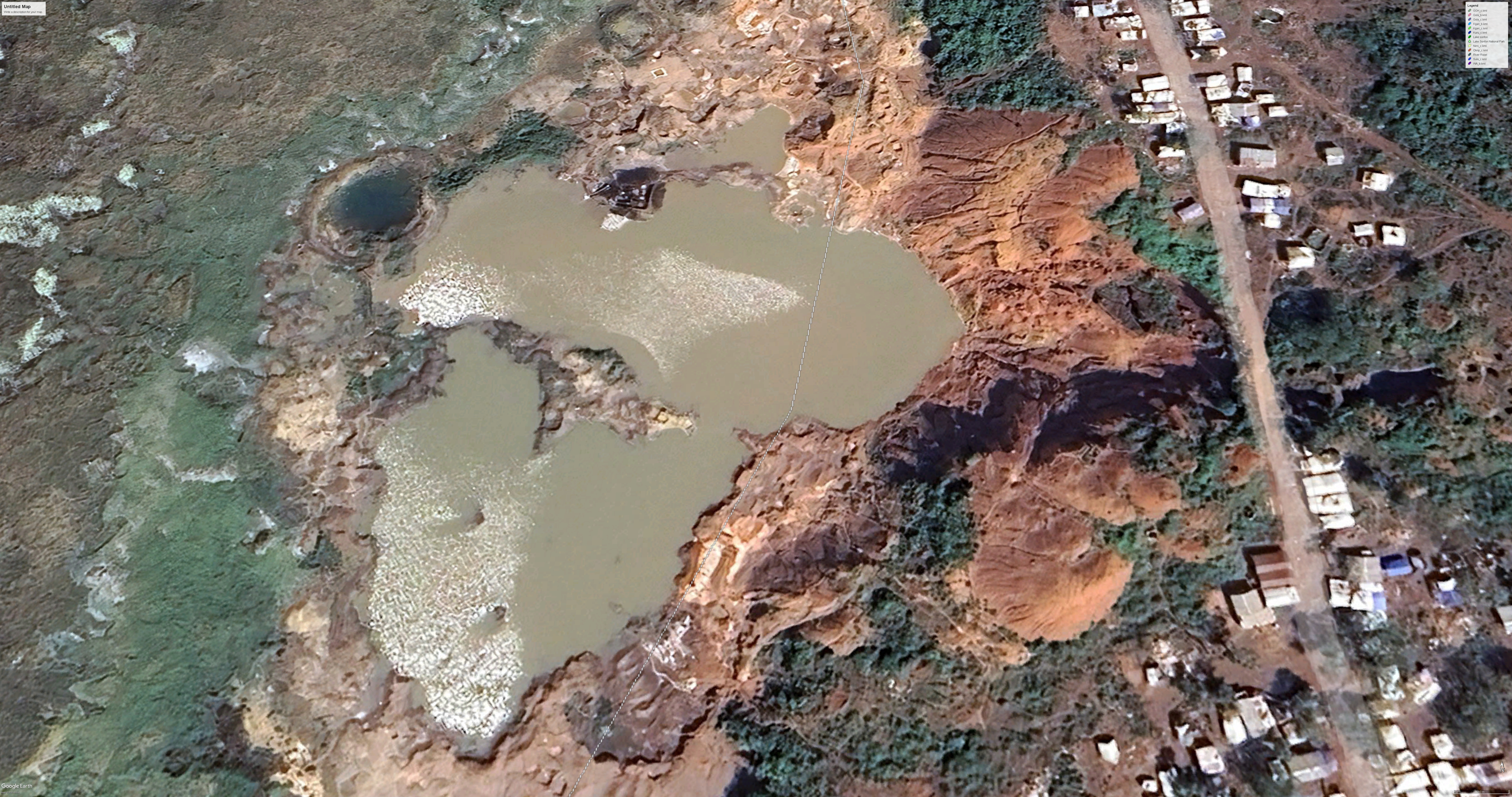 Google earth photo of ongoing mining activity at Lake Sonfon. Photo credit @ Fanny Massally.