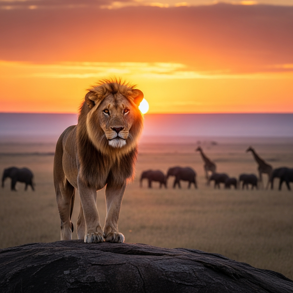 Majestic Lion at African Sunset