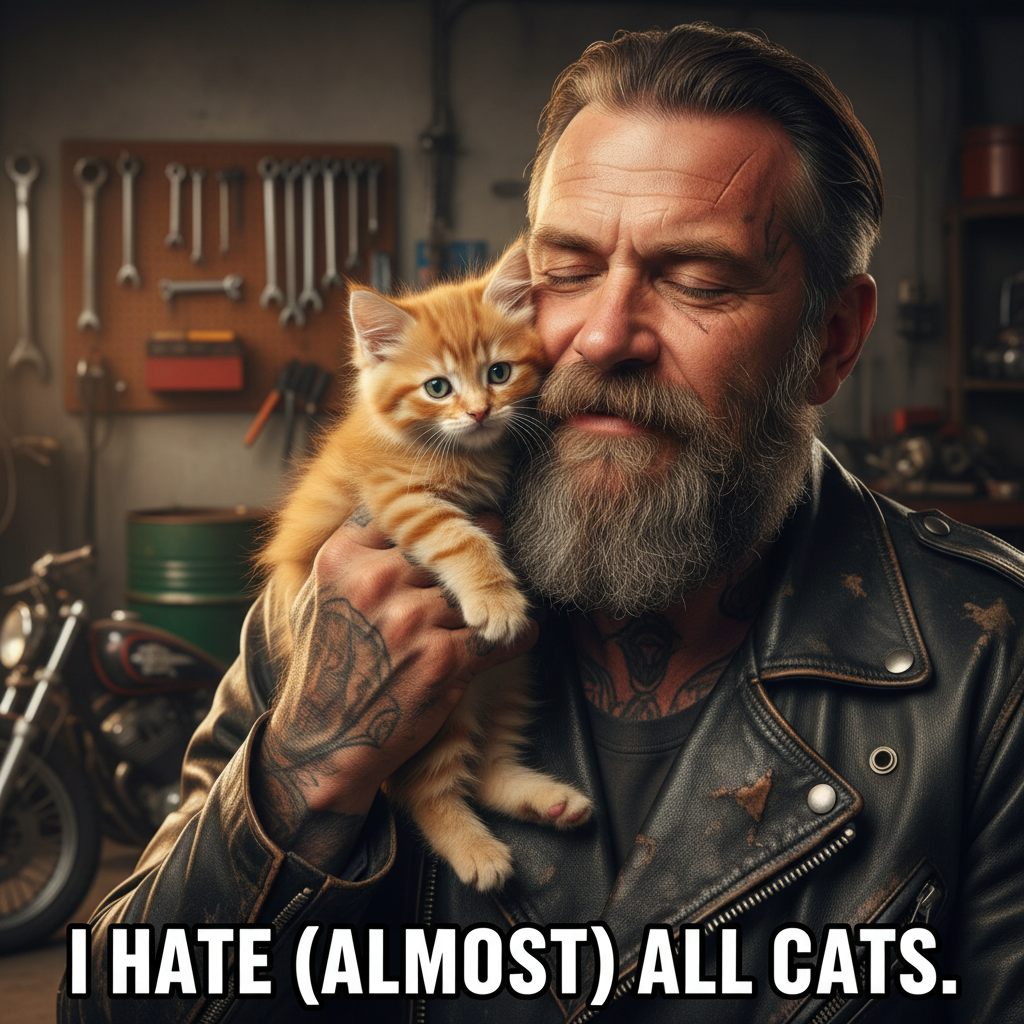 I Hate (Almost) All Cats - Tough Guy Biker & Kitten Digital Art Print